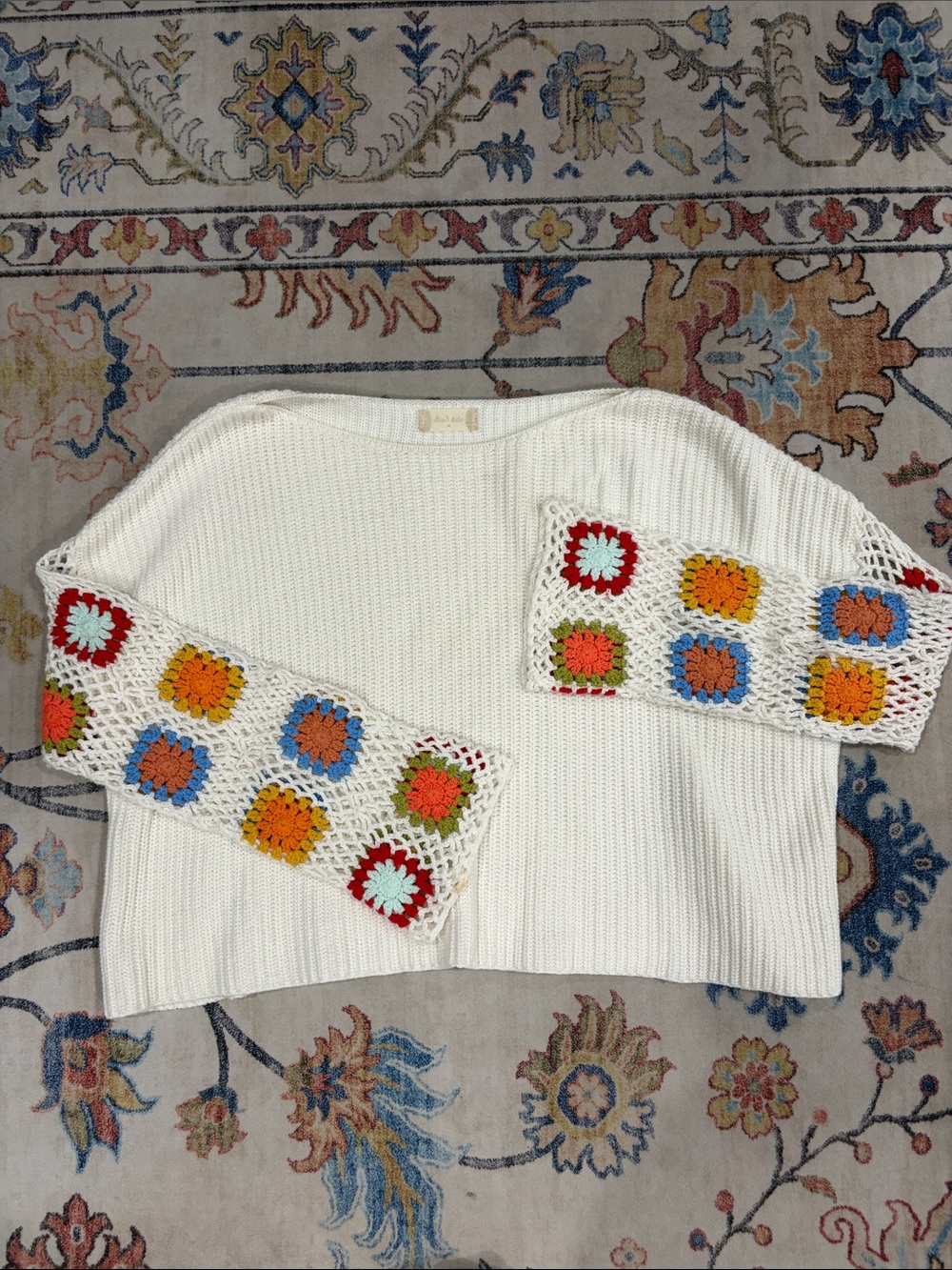 Altard State- Cream Crochet-Sleeve Sweater with Colorful Granny Squares